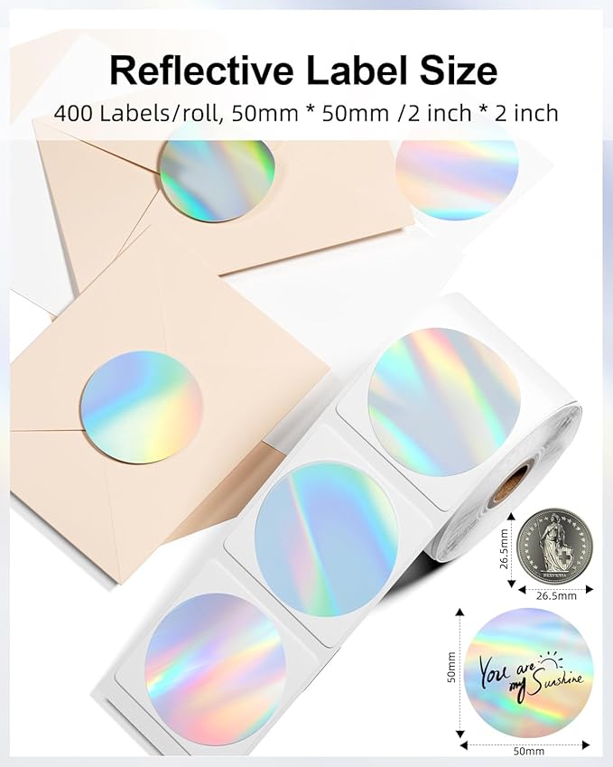 Phomemo 2" inch Round Reflective Thermal Labels, Color Self-Adhesive Stickers Label, Relly Cool Thermal Printer Label for Address, Logo, Shipping, Barcodes, QR Code (400 Labels/Rolls,1 Roll-DeskLoop Office