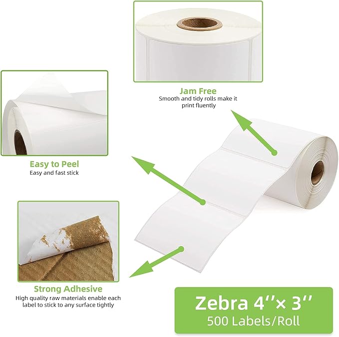 4" x 3" Direct Thermal Labels, Thermal Printer Labels for Shipping Address Barcodes, Thermal Stickers Compatible with Zebra, Rollo, Munbyn Thermal Labels Printers (12 Rolls, 500 Labels/Roll)-DeskLoop Office
