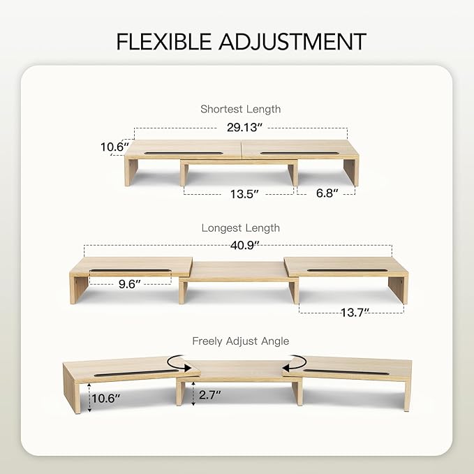 AMERIERGO Dual Monitor Stand Riser- 3 Shelf Screen Stand with Adjustable Length and Angle, 2 Extra Functional Slot Desktop Organizer Stand for PC, Computer, Laptop (Light Wood)-DeskLoop Office