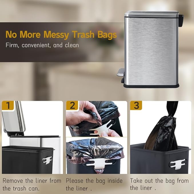 Bathroom Trash Can, 10 Liter / 2.6 Gallon Stainless Steel Garbage Can with Removable Inner Bucket, Soft Close Lid Step Trash Bin for Bedroom, Office, Kitchen, Brushed Silver-DeskLoop Office