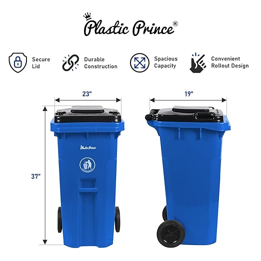 32 Gallon Trash Can with Wheels and Lid, Rolling Recycling Bin Outdoor with Wheels, Commercial Wheeled Garbage Can for Home Garage Office, Set of Blue and Gray-DeskLoop Office