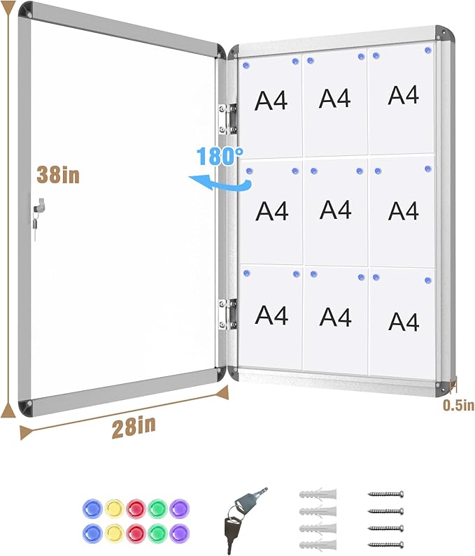 38"x28" Enclosed Bulletin Board, Lockable Weather-Resistant Aluminum Noticeboard for School & Office, Silver Frame w/Magentic Whiteboard-DeskLoop Office
