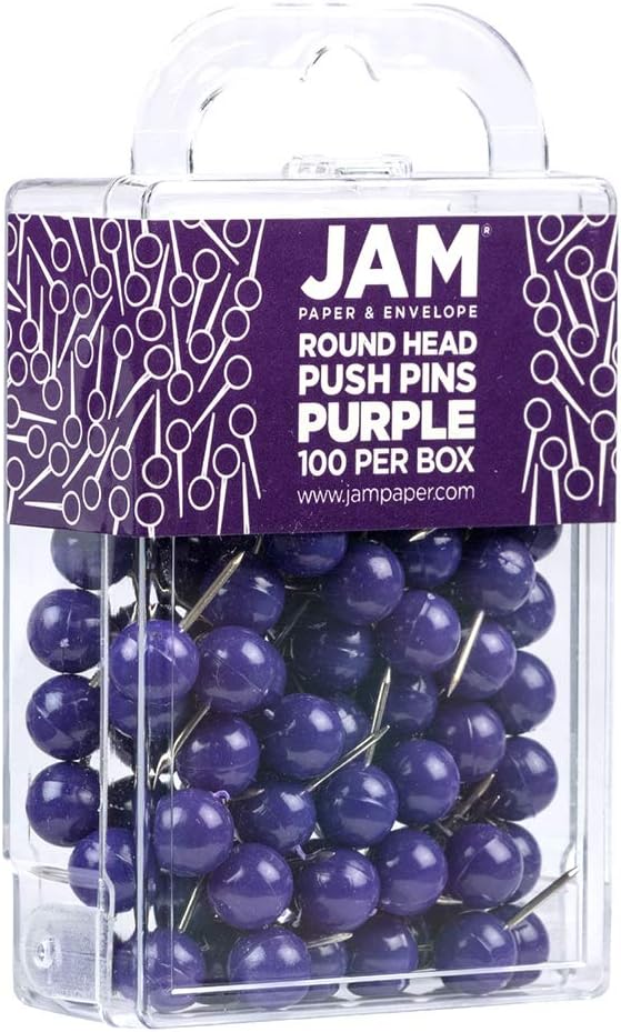 JAM PAPER Colorful Push Pins - Round Head Map Thumb Tacks - Purple Pushpins - 100/Pack-DeskLoop Office