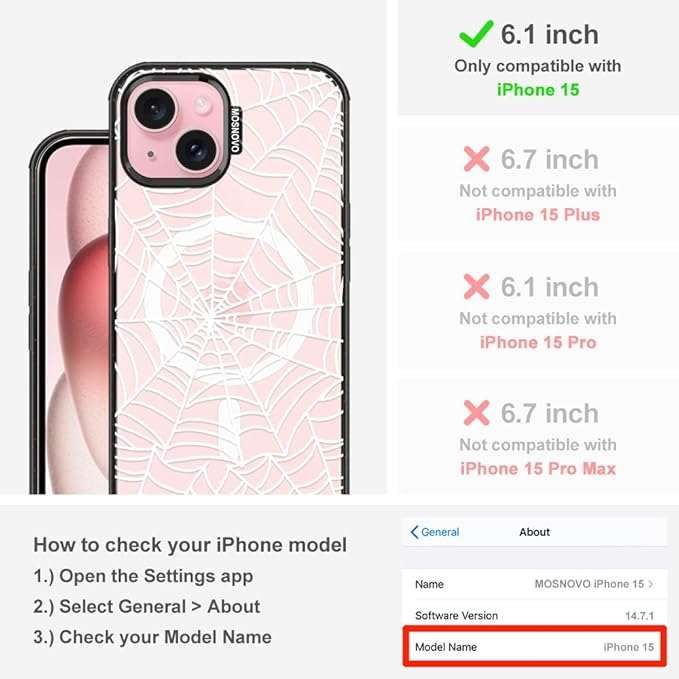 MOSNOVO Magnetic Case for iPhone 15, 10ft Military-Grade Protection, Compatible with Magsafe, Shockproof Phone Case for iPhone 15 - Spider Web - Clear Black-DeskLoop Office