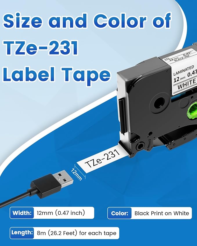 4-Pack TZe TZ Tape 12mm 0.47 Laminated White TZe-231 Replace for Brother P Touch Label Tape TZe231 for Brother Label Maker Tape PT-D210 PT-D220 PT-H110 PT-D610BT PT-D600 PT-D410 PT-D400 PT-H111 PTD200-DeskLoop Office