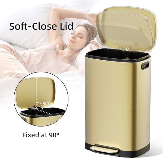 KUK 13 Gallon/50L Stainless Steel Kitchen Trash Can with Lid and Step Pedal-Large Capacity Garbage Bin with Odor Seal, Silent Close Lid, Removable Inner Bucket, Titanium Gold-DeskLoop Office
