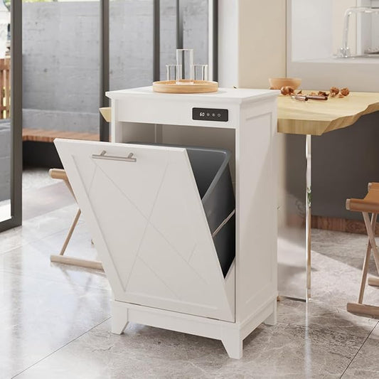 Tilt Out Trash Cabinet, Kitchen Trash Can Cabinet w/Negative ion and deodorizing Function, Dog Proof 20 Gallon Garbage Can Cabinet for Kitchen, Bathroom, Living Room, White-DeskLoop Office
