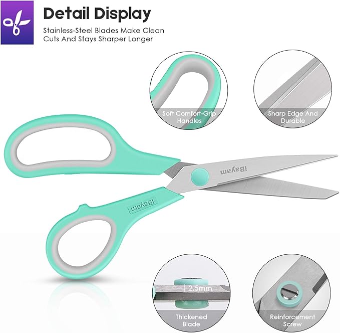 Scissors, iBayam 8" All Purpose Scissors Bulk 3-Pack, Ultra Sharp 2.5mm Thick Blade Shears Comfort-Grip for Office Desk Accessories Sewing Fabric Home Craft Teacher School Supplies, Right/Left Handed-DeskLoop Office