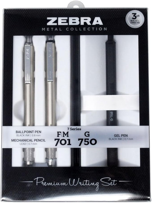 Zebra Pen Premium Writing Gift Set 3-Pack, Black Ink, Medium/Fine Point, Includes G-750 Gel Pen, F-701 Ballpoint Pen, and M-701 Mechanical Pencil, Metal Barrels, Refillable (10513)-DeskLoop Office