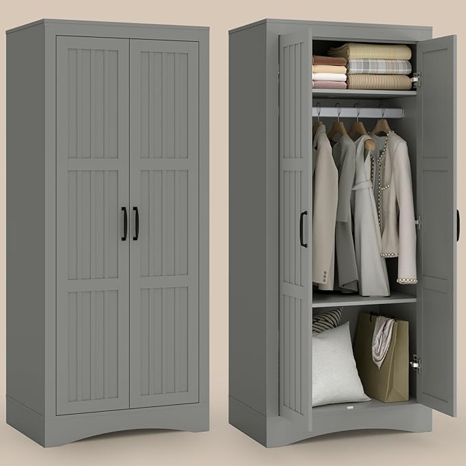 2 Door Wardrobe Closet, Wood Armoire with 2 Shelves and Hanging Rod, Freestanding Tall Storage Cabinet, Bedroom and Guest Room Armoire Cabinet for Clothes Storage, Gray-DeskLoop Office