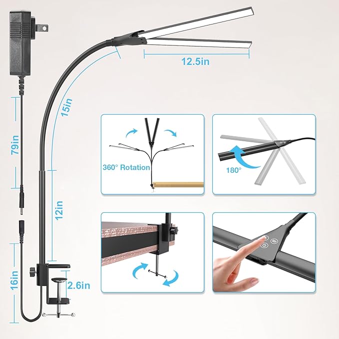 LED Desk Lamp for Home Office, Bright Double Head Desk Lamp with Clamp, Dimmable 5 Color Modes Desk Lighting, 12W Eye-Caring Architect Table Lamp for Workbench, Monitor, Reading, Study, 1400lm-DeskLoop Office