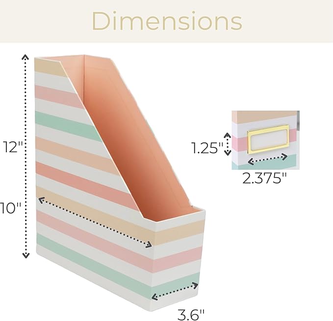 BLU MONACO Set of 4 Foldable Magazine Holders in Pastel Stripes – Sturdy Cardboard Vertical Organizers with Label Holders – Office File Storage Box, Desk Organizer, Paperwork and Document Holder-DeskLoop Office