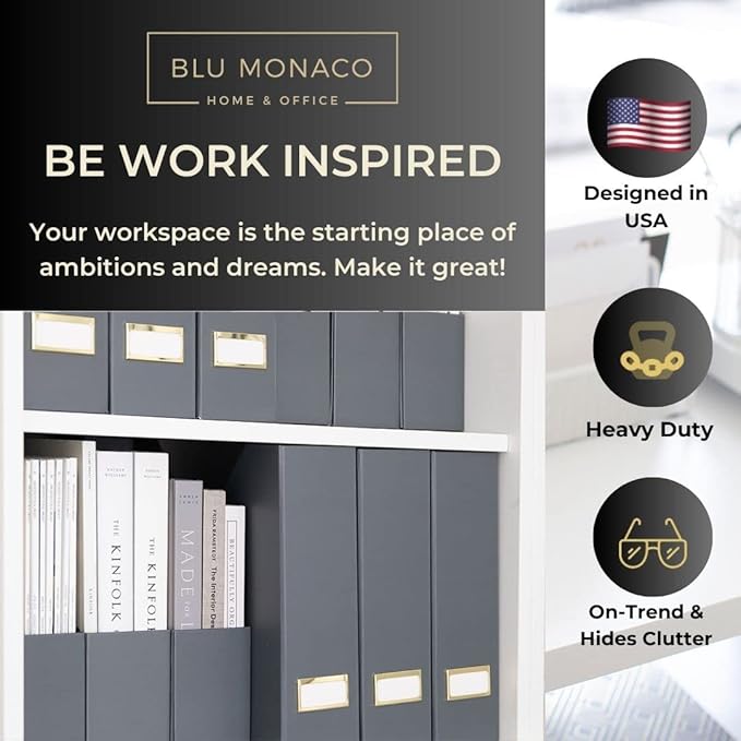 BLU MONACO Set of 6 Foldable Grey Magazine Holders with Gold Label Holders – Stylish File Boxes for Home Office Desktop, Bookshelf, or Classroom Organization-DeskLoop Office