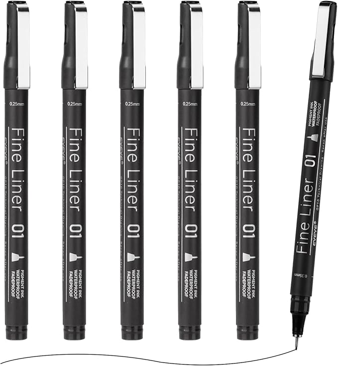 EYEYE Micro Pen Black Drawing Art Pens,6 Pack 0.25mm Archival Pen Waterproof Ink Set Artist Supplies Archival Inking Markers Sketch Outline Pens, Precision Drawing and Sketching Kit-DeskLoop Office