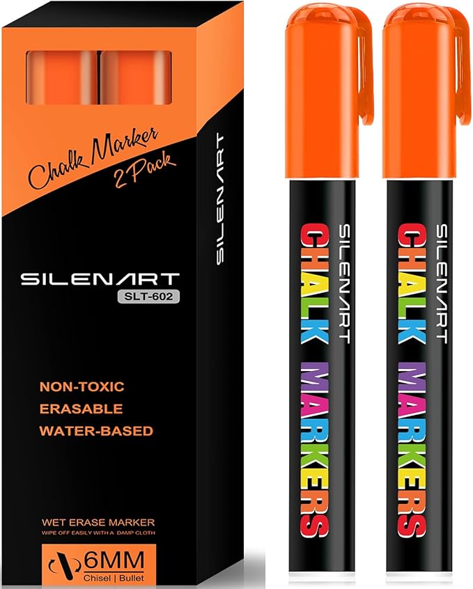 SILENART Orange Chalk Markers 2 Pack - Orange Dry Erase Markers Pen - Liquid Chalk Markers for Chalkboard, Window, Glass, Mirror, Blackboard-DeskLoop Office