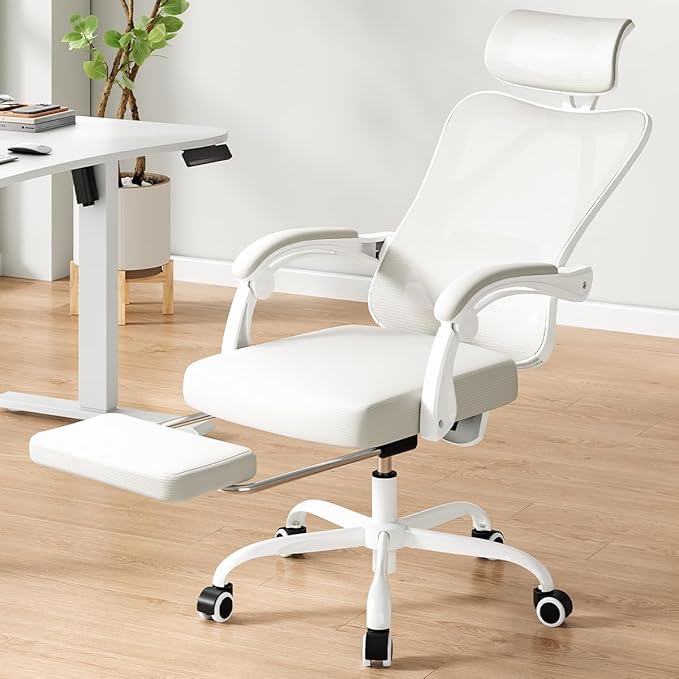 Farini Ergonomic Office Chair with Footrest, Mesh Office Desk Chair with Headrest, High Back Computer Chair with Adjustable Lumbar Support for Home Office Study Room Bedroom, White & Beige-DeskLoop Office