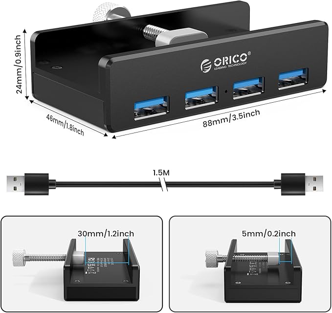 ORICO USB 3.0 Hub, USB Hub Clamp, Aluminum 4-Port USB Splitter with Extra Power Supply Port and 4.92 FT USB Data Cable, Desktop Powered USB Hub for Monitors/Desks-Black (Without Power Adapter)-DeskLoop Office