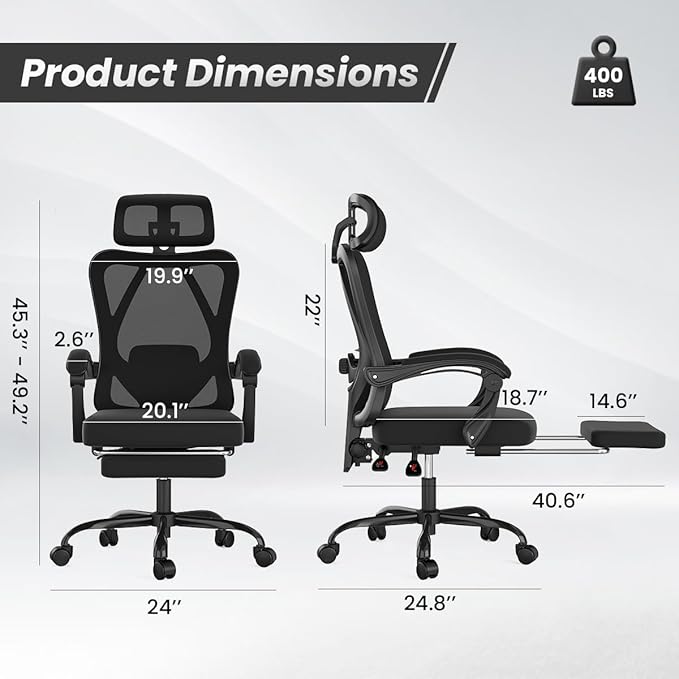 Farini Ergonomic Office Chair with Footrest, Mesh Office Desk Chair with Headrest, High Back Computer Chair with Adjustable Lumbar Support.for Home Office Study Room Bedroom (Black)-DeskLoop Office