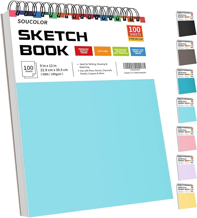 Soucolor 9" x 12" Spiral Bound Blank Sketch Notebook Journal Book- 1-Pack 100 Sheets Acid-Free 68lb/100gsm Paper, Art Sketchbook for Painting, Doodling, Journaling, Kids, Students, Adults, Beginners-DeskLoop Office