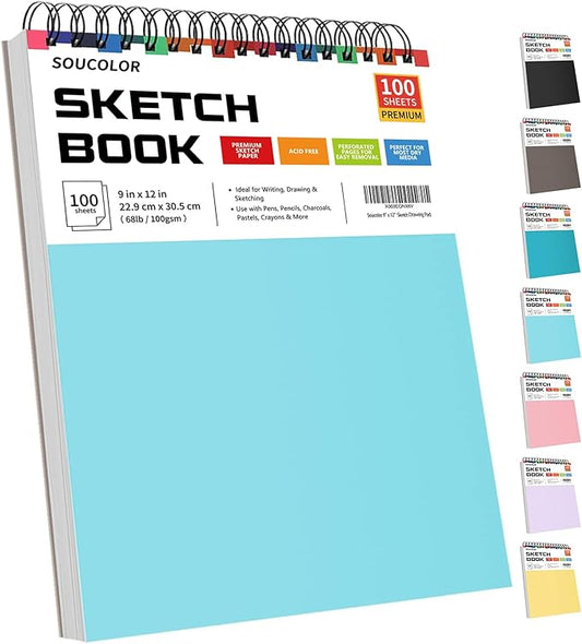 Soucolor 9" x 12" Spiral Bound Blank Sketch Notebook Journal Book- 1-Pack 100 Sheets Acid-Free 68lb/100gsm Paper, Art Sketchbook for Painting, Doodling, Journaling, Kids, Students, Adults, Beginners-DeskLoop Office