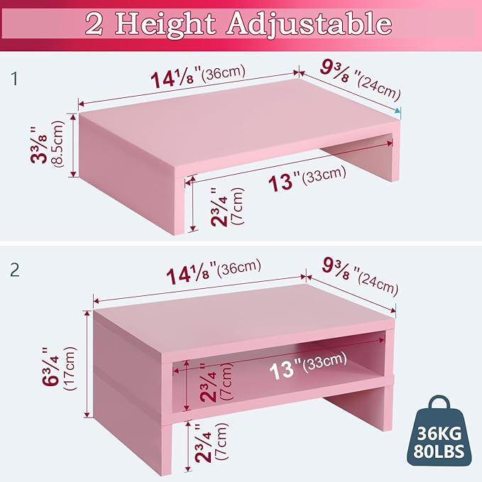 TEAMIX Pink Monitor Stand Riser-2 Pack,Wood 2 Tier Adjustable Monitor Stand Dual Monitor Riser for 2 Monitors/Laptop/PC Computer Stand for Desk-DeskLoop Office