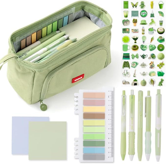 HVOMO Stationery Set,1 large-capacity pencil case,5 quick-drying pens,50 waterproof stickers,2 sticky note pads(200 sheets),1 set of 10-color index labels (200 sheets),Student stationery gift(Green)-DeskLoop Office