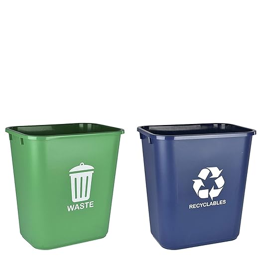 Acrimet Wastebasket Bin for Recycling and Waste, 6.75 Gallon/ 27 Quart/ 24 Liter (Plastic) (Green and Blue) (Set of 2)-DeskLoop Office