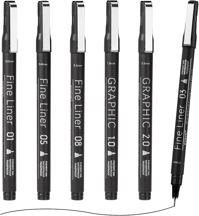 EYEYE Micro Pens, Black Drawing Art Pen,0.25/0.35/0.45/0.5/1.0/2.0mm Archival Pens Waterproof Ink Set Artist Supplies Archival Inking Markers Sketch Outline Pen-DeskLoop Office