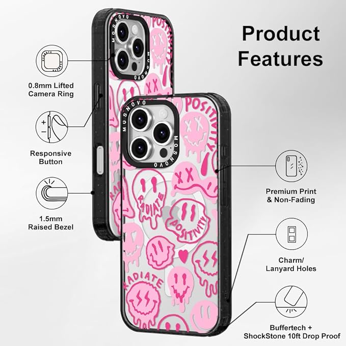 MOSNOVO Magnetic Case for iPhone 16 Pro, 10ft Military-Grade Protection, Compatible with Magsafe, Shockproof Phone Case for iPhone 16 Pro - Pink Dripping Smiles - Clear Black-DeskLoop Office