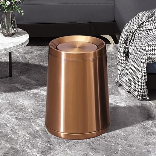 10 L/2.6Gallen,Swing Lid Gold Brass Trash Can,Brushed Nickel Garbage Can Bathroom with Flipping Lid,for Bathroom, Living Room,Bedroom,Hotel (Rose Gold)-DeskLoop Office
