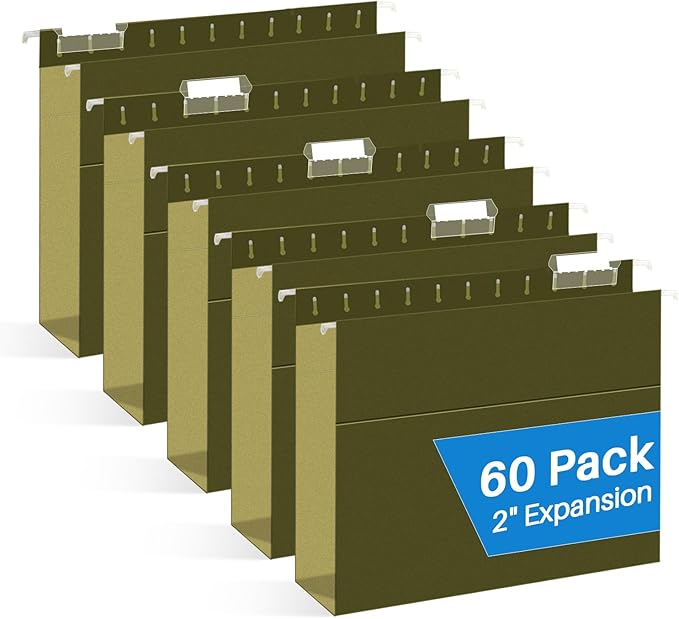 Extra Capacity Hanging File Folders, RAZCC 60 Pack Letter Size Reinforced Hanging Folders with Heavy Duty 2 Inch Expansion for Bulky Files, Filing Cabinet, Adjustable Tabs, Green-DeskLoop Office