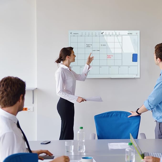 Magnetic Glass Whiteboard 36X24 Monthly Planner Calendar Dry Erase Board for Home, School, Office, Frameless, with Markers, Marker Tray, Eraser, Magnets (White)-DeskLoop Office
