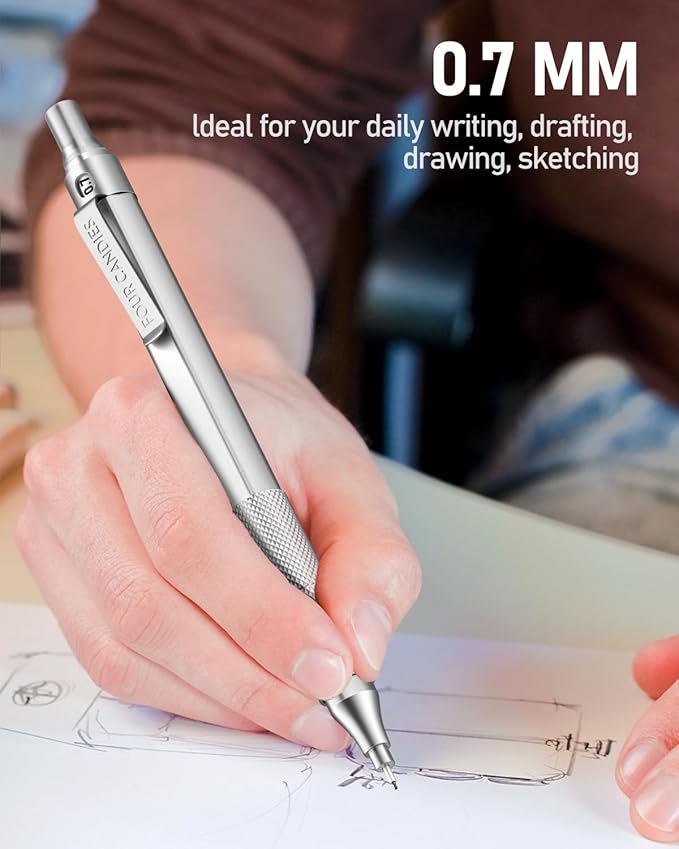 Four Candies 0.7mm Mechanical Pencil Set with Case, 3PCS Metal Artist Lead Pencil with 8 Tubes (480PCS) HB Lead Refills, 3 Erasers, 9 Eraser Refills For Engineer Art Writing Drawing Drafting, Silver-DeskLoop Office