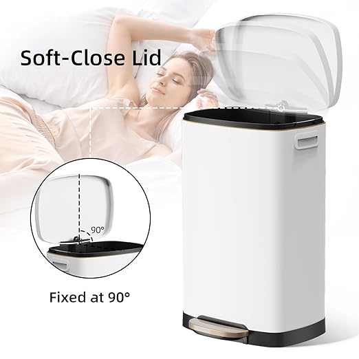 KUK 13 Gallon Kitchen Trash Can with Lid, 50L/13Gal Office Step Garbage Can for Home, Kitchen, Laundry Room, Office, Brushed Stainless Steel, White-DeskLoop Office