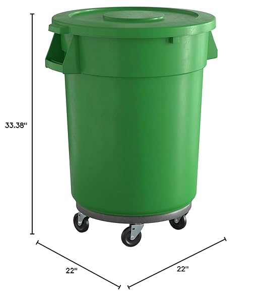 32 Gallon Green Round Commercial Trash Can with Lid and Dolly-DeskLoop Office