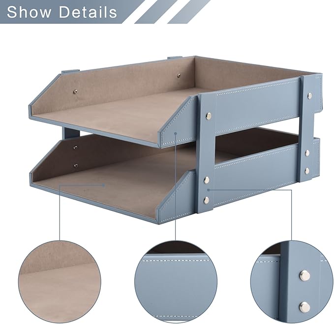 Leather Desk Letter Tray,Office Supplies Paper Organizer for Mail Paper Files Magazines Jewelry Cosmetics,Fashion Letter Holder& 2-Tier Multipurpos Stackable Office Desktop Storage Box,Grey-DeskLoop Office