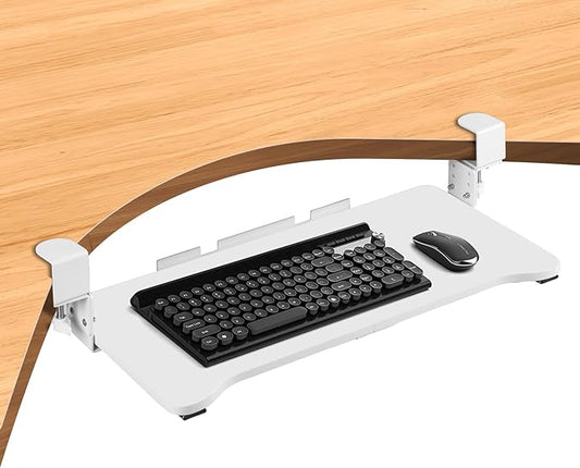 VUSIGN Keyboard Tray Under Desk Height Adjustable,Pull Out with Adjustable C Clamp Mount System for L-Shaped Tables, Extra Sturdy, 26.4” x 11.8” Slide-Out Platform Computer Drawer for Typing,White-DeskLoop Office