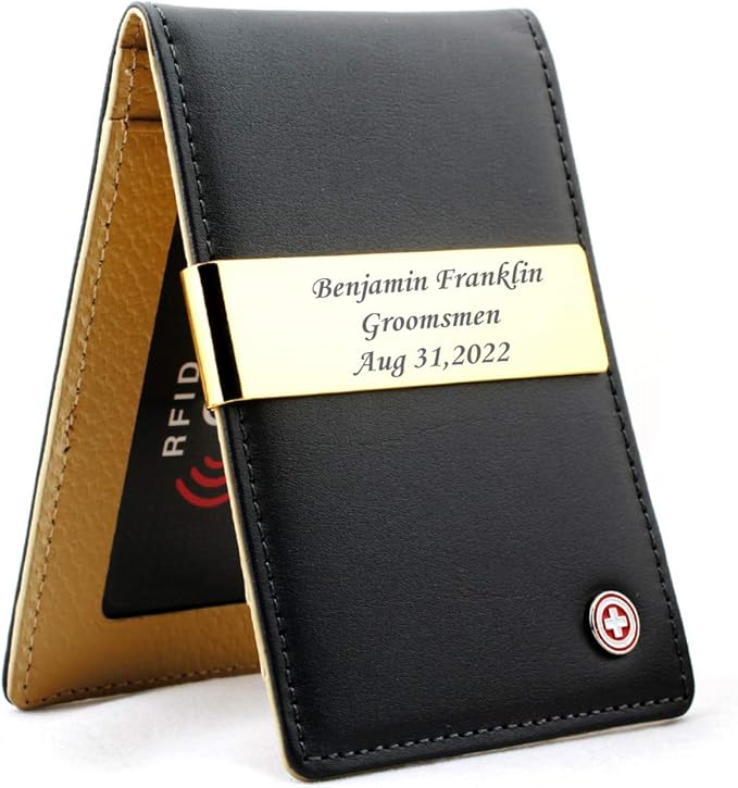 Free engraving - 24K Gold, Mens Leather Money Clips, Roller Ballpen, Ballpoint pen, Ball pen, Groomsmen Gift,Three Lines Each 20 Characters, Free Customization (BLACK)-DeskLoop Office