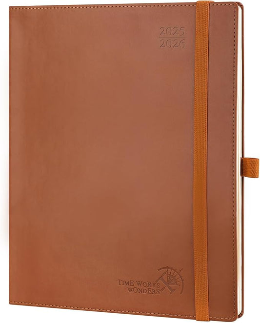 POPRUN Planner 2025-2026 (Large - 8.5'' x 10.5'') Academic Weekly Calendar (July 2025 - June 2026) with Hourly Time Slots, Monthly Tabs, 100GSM Thick Papers, Leather Soft Cover - Brown-DeskLoop Office