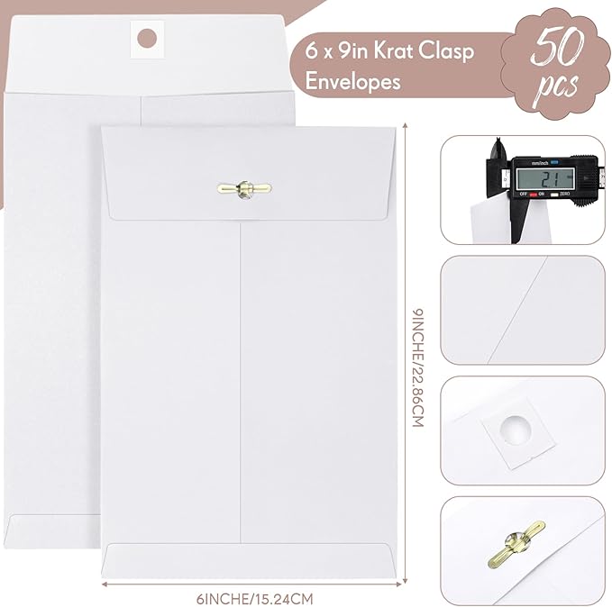 Teling 50 Pcs Manilla Envelopes Clasp Kraft Catalog with Closure for Storing Mailing 28 lb Kraft Envelope Paper for Office Document School Business Home(White,6 * 9)-DeskLoop Office
