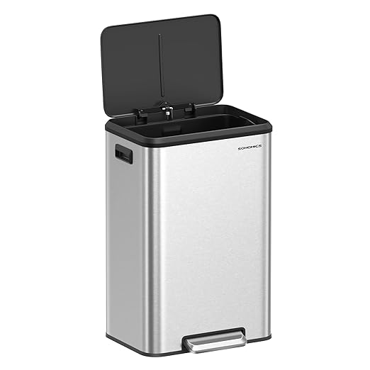SONGMICS Kitchen Trash Can, 10.5-Gallon (40L) Garbage Can with Lid and Wide Foot Pedal, Soft Close and Stays Open, Silver ULTB541E40-DeskLoop Office