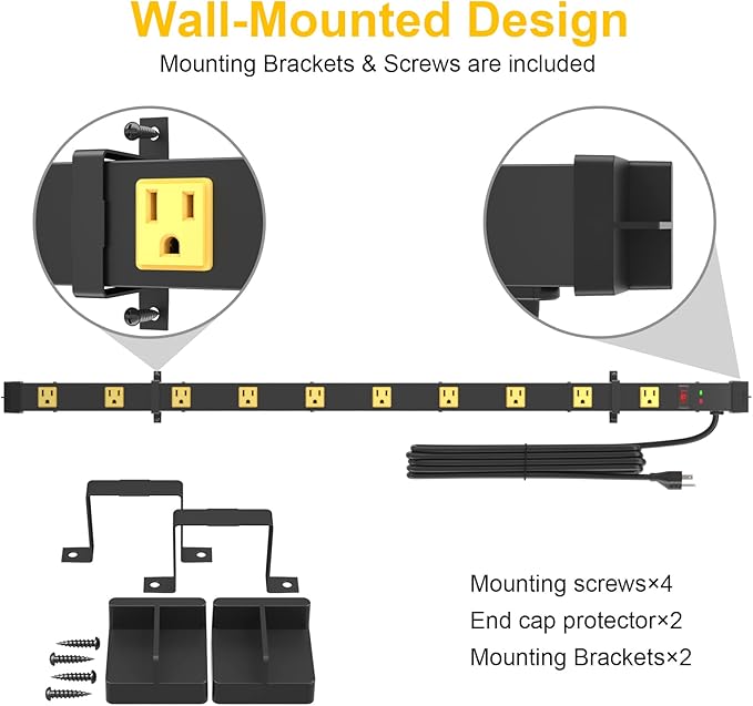 10 Outlet Surge Protector, Long Metal Wide Spaced Garage Industrial Power Strip, Heavy Duty with 6 FT Cord, 15A, 125V, 1875W, 2700 Joules, 2Pack, SGS Listed-DeskLoop Office