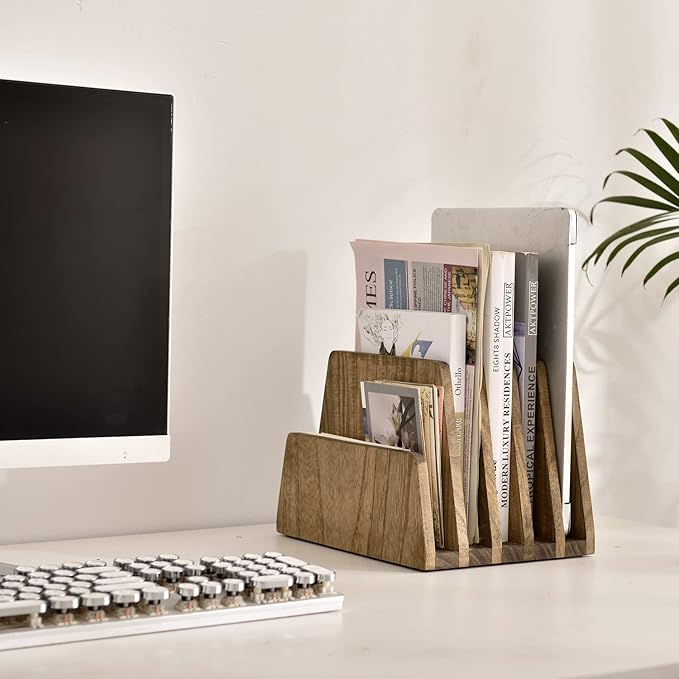 KIRIGEN Wooden Desk Mail Organizer 5 Slots File Paper Holder Desktop Wood Document Letter Holder Organizer for Home Office Dark Brown (5KWJJ-DBR)-DeskLoop Office