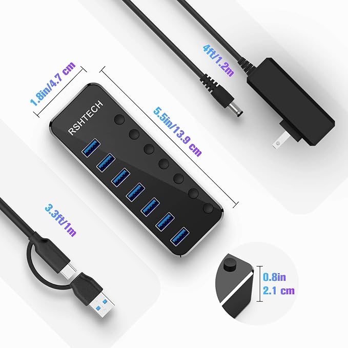 Powered UBS Hub, RSHTECH 7 Port USB 3.0/USB C Hub Upgraded Version Aluminum USB Splitter with 2-in-1 USB Cable,5V 3A Power Adapter and Individual Switches, USB Port Expander for Laptop/PC, RSH-ST07-DeskLoop Office