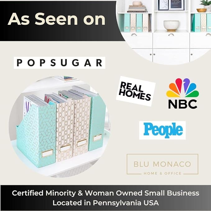 BLU MONACO Set of 4 Foldable Cute Magazine File Holders with Gold Label Holders – 2 Pink & 2 Aqua with Fun Gold Geometric Patterns – Stylish & Durable Magazine Storage for Home & Office-DeskLoop Office