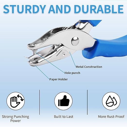 Single Hole Punch, 2 Pcs Hand Hole Puncher with Soft Grip Handle, 1/4" and 1/8" Small Hole Paper Punch for Crafts, Scrapbooks, 6 Sheets Capacity, Tags, Tickets - Blue-DeskLoop Office