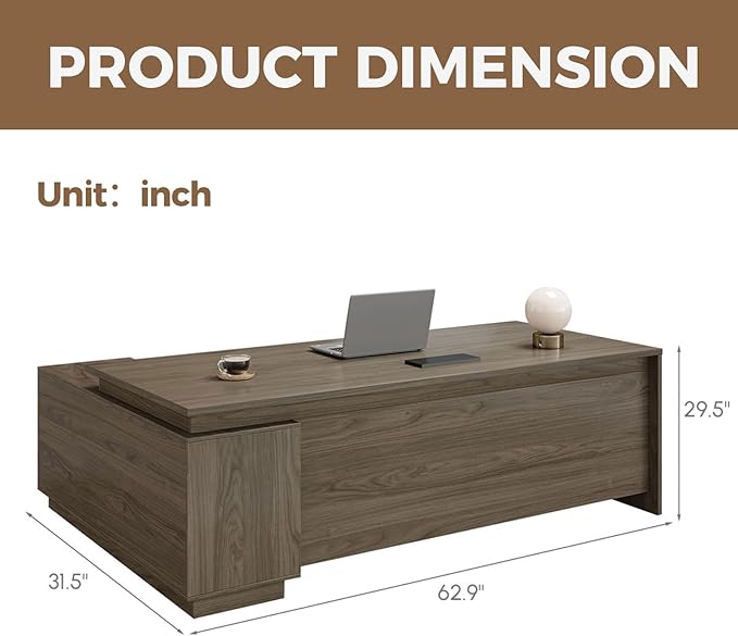 L-Shaped Executive Desk with Reversible Cabinets, Lockable Drawers & Cable Management – Large Wood Office Desk for Home or CEO Office(Black Walnut,63" L*32" W*30" H)-DeskLoop Office
