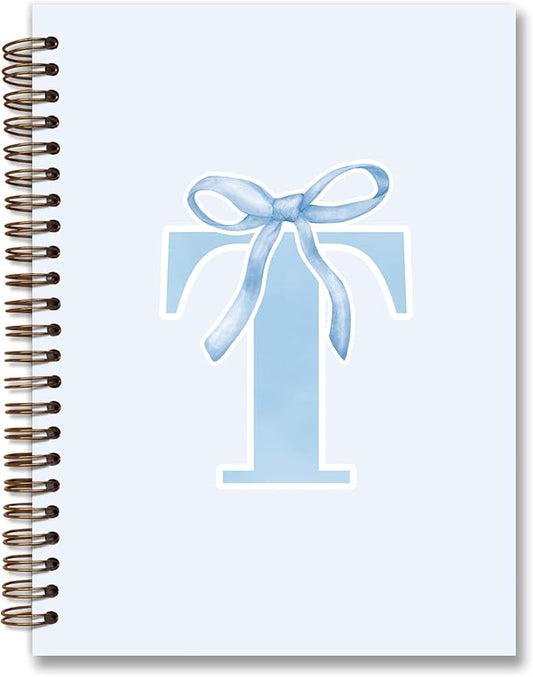 Initial T Notebook Journal,Personalized Teen Girl Gifts,Coquette Trendy Preppy Blue Bow Spiral Notebook,Monogrammed Gifts for Women Teen Girl,College Ruled Hardcover Spiral Notebook 5.5 x 8.3-DeskLoop Office