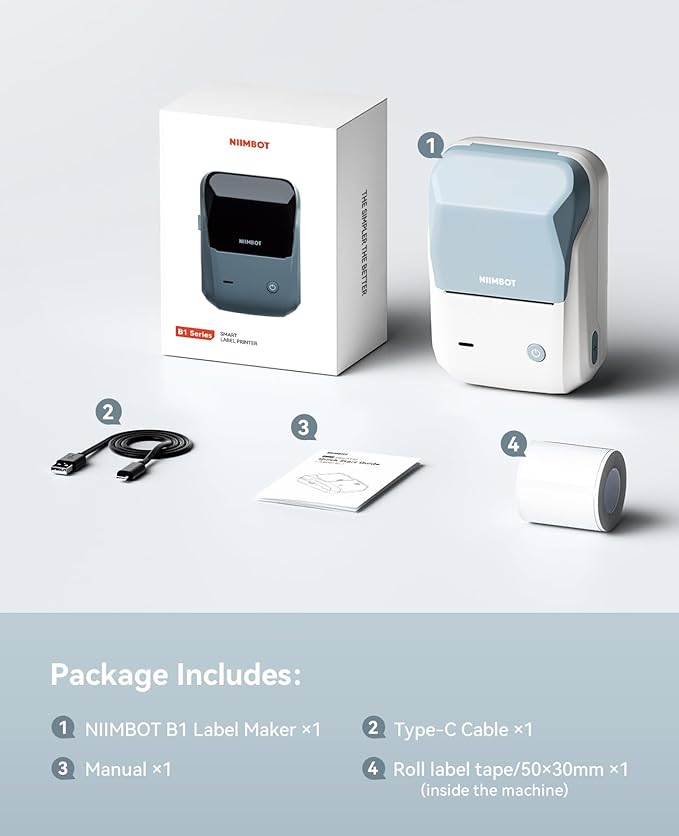 NIIMBOT Label Maker Machine with Tape, B1 Bluetooth Label Printer, 2 Inch Large Waterproof Label, Inkless Thermal Label Maker for Kids School Items, Classroom Teacher, Light Blue-DeskLoop Office