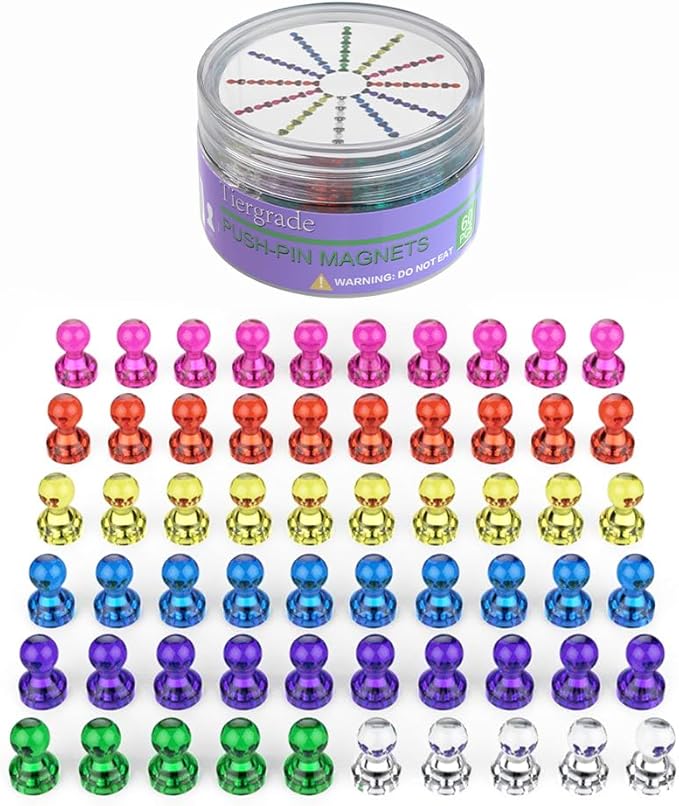 Push Pin Magnets - Tiergrade 60 Pack 7 Assorted Color Strong, Office, Use at Kitchen Home and School Classroom, for Refrigerator Dry Erase Board and Whiteboard.-DeskLoop Office